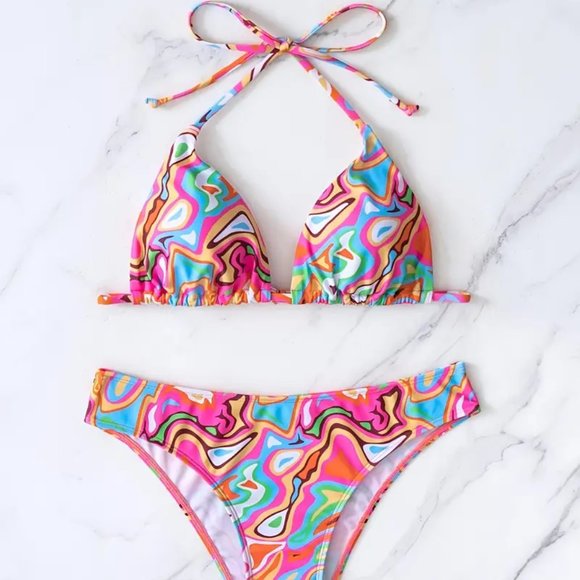 Colorful Fluid Print Triangle Bikini Sets Halter Neck Two Piece Swimsuit - Picture 6 of 6